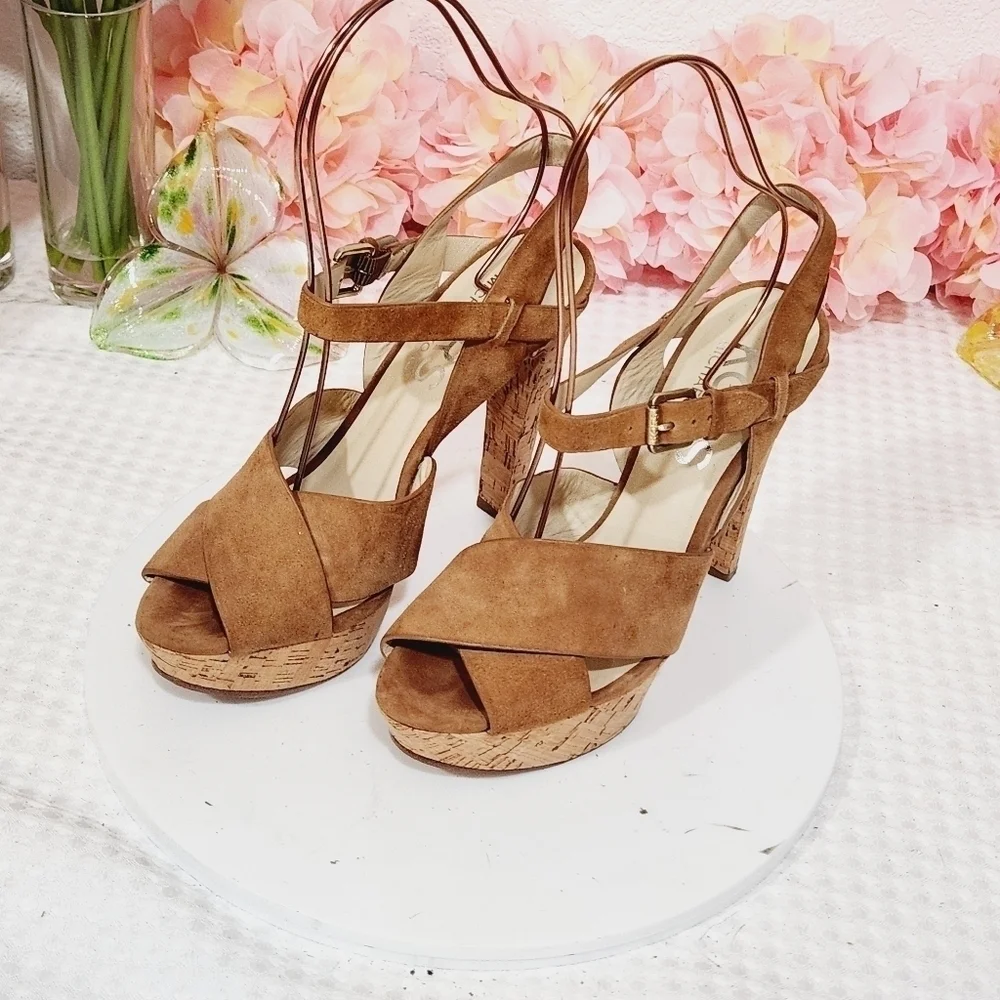 Michael Kors Adair Brown Suede Cork Platform High Heel Sandals Sz. US 6.5 M